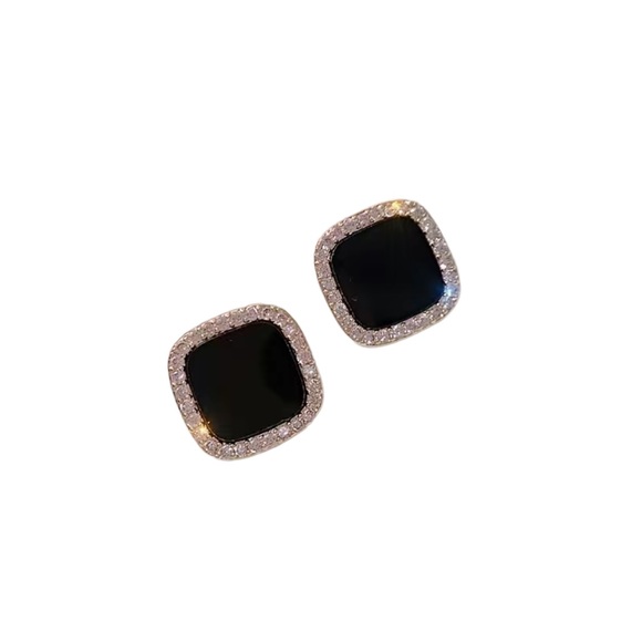 Black Rhinestone Wrapped Square Stud Earrings - Picture 1 of 5